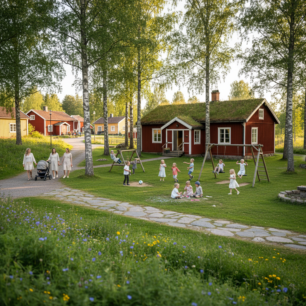 Svensk byskola med lekande barn